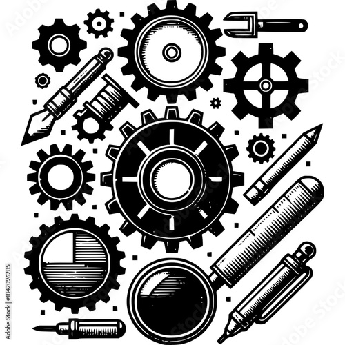 Mechanical Assemblage: An intricate monochrome composition featuring an assortment of gears, tools, and instruments, a visual symphony of industry and engineering.