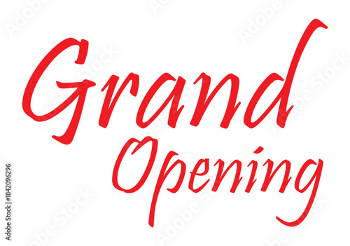 Grand opening text design in red cursive for store launch, event announcement, promo
