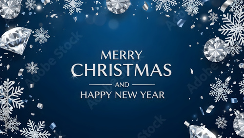 Merry christmas and happy new year greeting card with snowflakes and diamonds on blue background