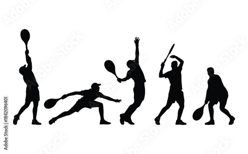 Dynamic tennis players in action poses with rackets