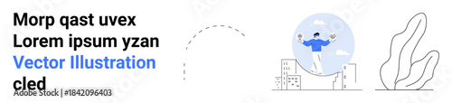 Business growth, balance, leadership, innovation, urban development, success. Person balancing on scales above city buildings. Business growth and balance with creative design