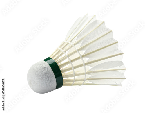 Badminton feather shuttlecock and racket equipment set isolated on a white background for sport and competition activity