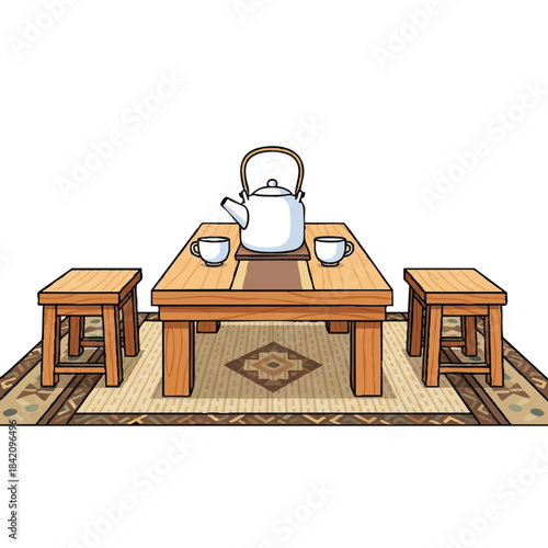 Traditional Japanese tea set on low wooden table with stools on tatami mat in minimalist setting.