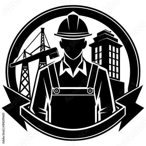 Construction worker emblem with building and crane Vector