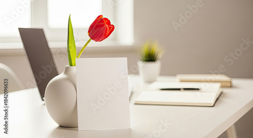 International Women's Day: Hello card with tulip, simple, elegant desk setup