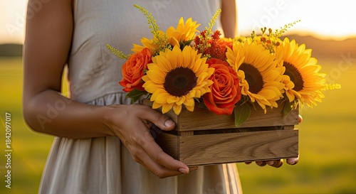 International Women's Day: woman holding sunflower bouquet, celebrating beauty at sunset