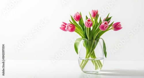 International Women's Day, pink tulips in vase, elegant floral symbol