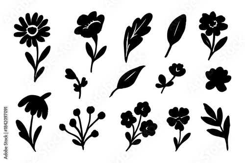 Black Floral Silhouette Vector Set Hand Drawn Flower Illustrations