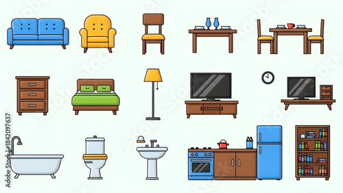 Collection of various furniture and household items on light blue background