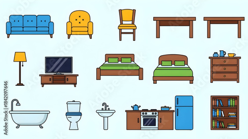 Collection of various household furniture and appliances on light blue background