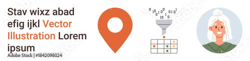 Navigation, geolocation, technology, user profile, automation, data. Orange location pin, data funnel processing binary code and a smiling elderly woman portrait. Navigation and user profile