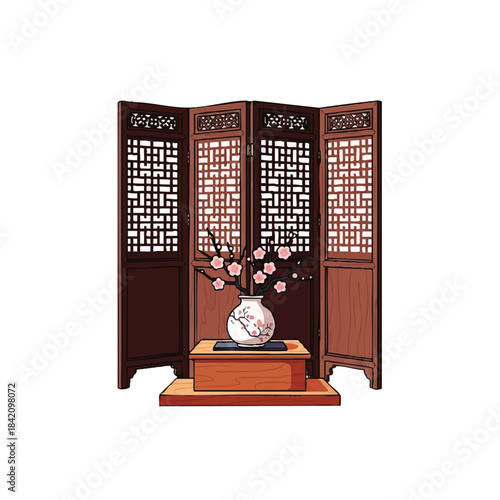A vase with pink flowers on a table in front of a traditional Chinese wooden room divider with lattice panels and minimalist decorations.
