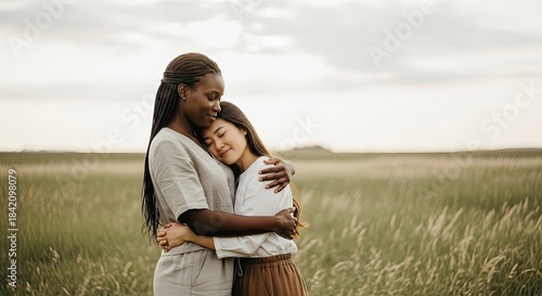 Diverse women embrace in field, celebrating International Women's Day with unity, support and tender love