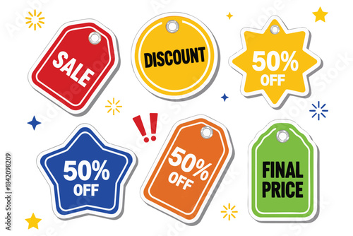 Colorful collection of sale, discount, and price tags on white background.