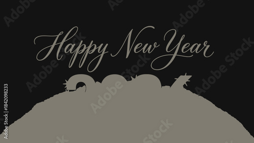 Happy New Year Celebration: A festive New Year's greeting. The phrase Happy New Year is displayed on an abstract black scene to commemorate new beginnings, with a stylish number outline.
