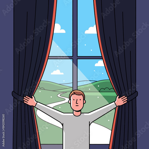 Man opening curtains to a bright, sunny landscape, symbolizing new beginnings and hope.