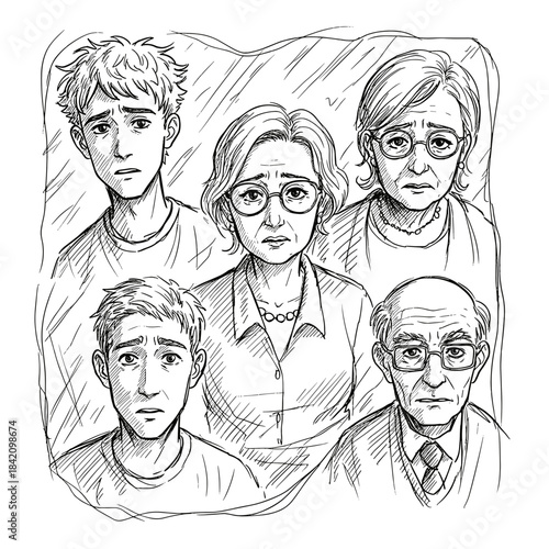 Family members expressing concern in a sketch-style illustration  
