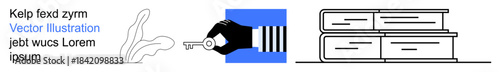 Education, security, access, knowledge, protection, and learning. A hand holding a key, books and abstract designs. Security and access highlighted with the key and hand as central focus