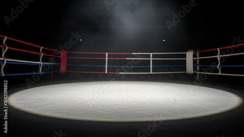 A spotlight shines down on an empty professional boxing ring at night with red, white, and blue ropes