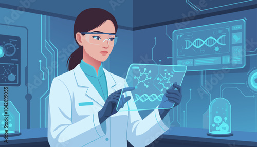 Female Scientist Analyzing Digital DNA Interface in Futuristic Lab