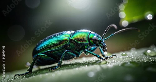 Wallpaper Mural Close-up of a vibrant green beetle perched on a dewy leaf in a natural environment Torontodigital.ca