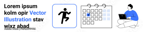 Time management, scheduling, productivity, remote work, project planning, teamwork. Calendar icon with a check mark and person working on a laptop. Time management and scheduling concept