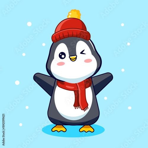 Cute Winking Penguin in Red Winter Hat and Scarf Happy in Winter Season Vector Illustration Cartoon 