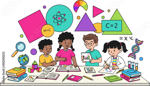 Diverse Kids Learning Science and Math Together – Colorful Classroom Vector Illustration