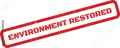 Red rubber stamp mark signifying environment restored status on official documents or sustainability reports