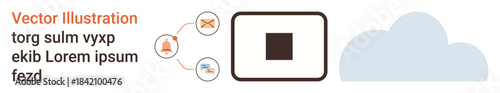 Cloud computing, data transfer, digital communication, online storage, network sharing, technology. Icons of messages, files and a central square connected to a cloud. Cloud computing and data