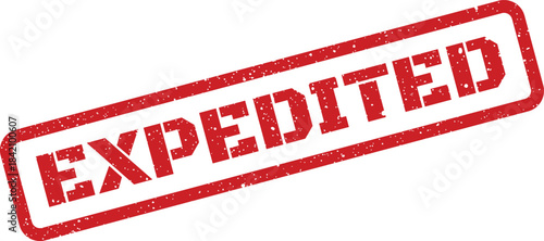 Red textured rectangular rubber stamp with EXPEDITED message indicating urgent or accelerated processing