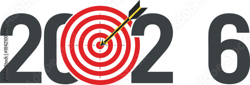 New Year 2026 target concept with dart hitting bullseye symbolizing goals, success, vision, planning and future achievement.