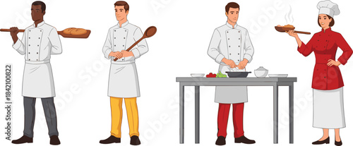Professional chefs preparing food and holding kitchen tools in a detailed vector illustration for cooking, culinary, and restaurant themes.