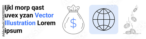 Finance, global economy, online transactions, investment, wealth management, currency exchange. Bag of money, globe and coins . Finance and global economy illustrated clearly