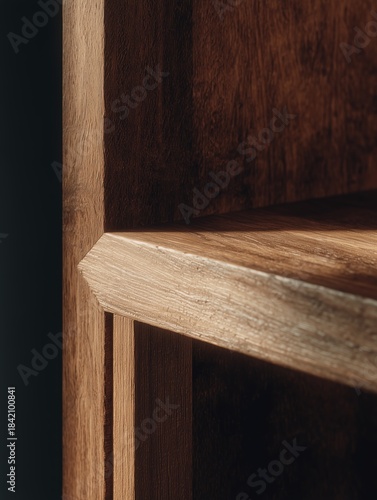 Sunlight highlights the elegant grain of a wooden cabinet, showcasing minimalist design and craftsmanship in a modern interior setting.