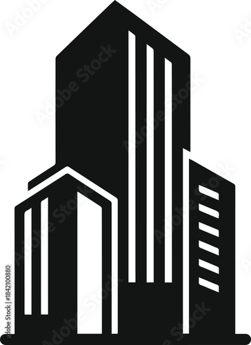 A minimalist black and white illustration of modern city skyscrapers