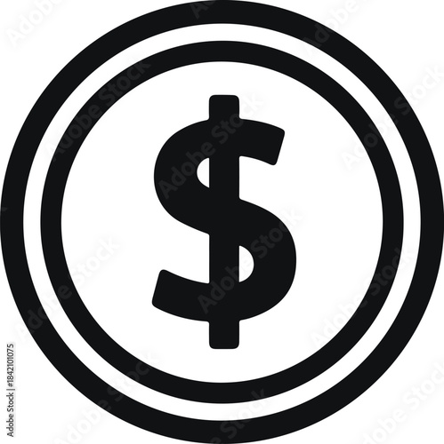 A simple black and white icon depicting a dollar sign within a circular frame