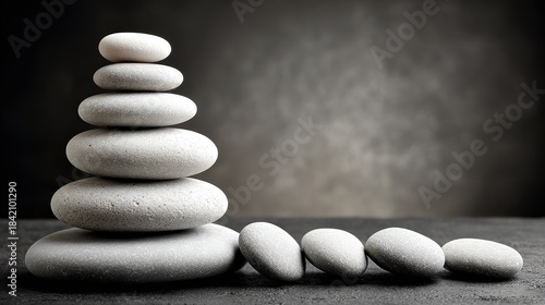 Zen balance white-stone cairn: soft low-contrast light on dark grey, rock texture visible, hi-res for wellness brand catalog, office decor, motivational slide bg