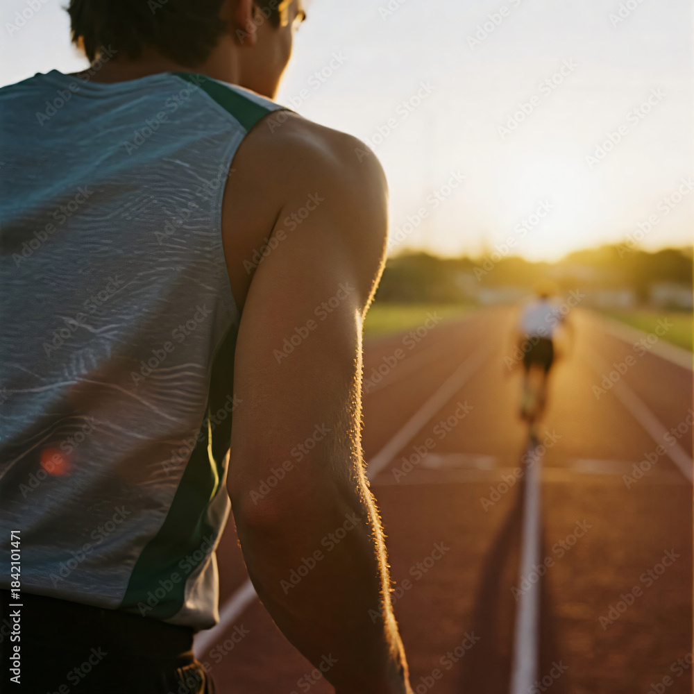 Fototapeta premium Athlete on Running Track Preparing for Race at Sunset