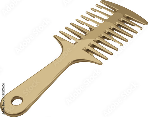 Realistic wide-tooth comb vector illustration in gold color, perfect for hair styling, grooming, barbershop and beauty salon designs.