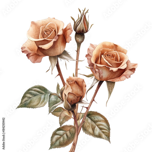 Delicate peach roses and buds isolated on transparent background