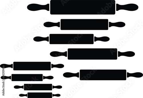 Set of black silhouette rolling pins in various sizes for baking, kitchen tools, cooking equipment, and culinary design.