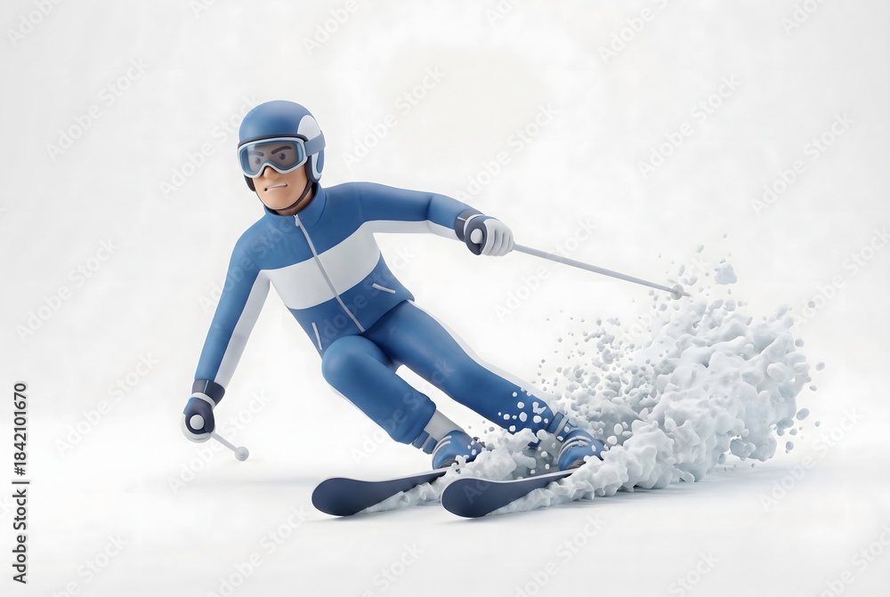 Obraz premium Dynamic 3D Cartoon Skier Carving Turn with Snow Spray on White Background
