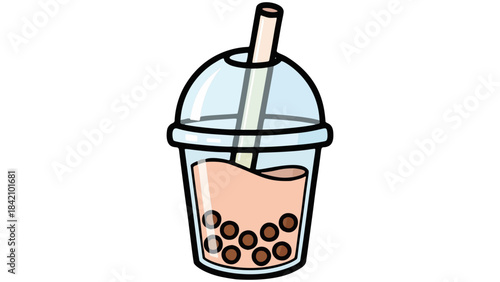 Cartoon Bubble Tea Drink with Tapioca Pearls and Straw Illustration