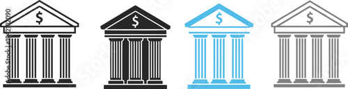 Set of financial bank building icons with classical pillars and dollar symbols in various color styles for finance concepts.