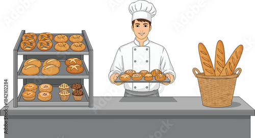Smiling male baker presenting fresh pastries in a bakery shop with bread display shelves and a basket of baguettes.
