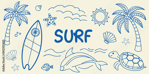 Surf summer beach doodle elements Vector
