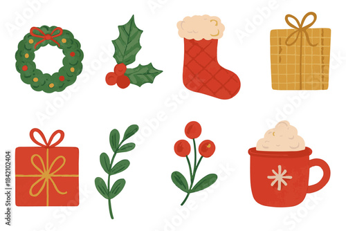 Christmas Holiday Icon Set  Festive Wreath, Gifts, Stocking & Winter Elements Illustration