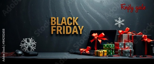 Black Friday laptop sale; grunge background, gifts, tech gadgets,  cyber monday,  screen