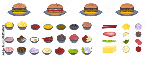 Vector isolated food items of burgers with ingredients and selections